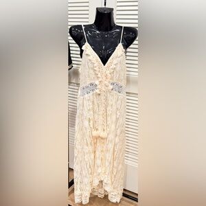Cream Lace Boho Dress with Pom Pom Details